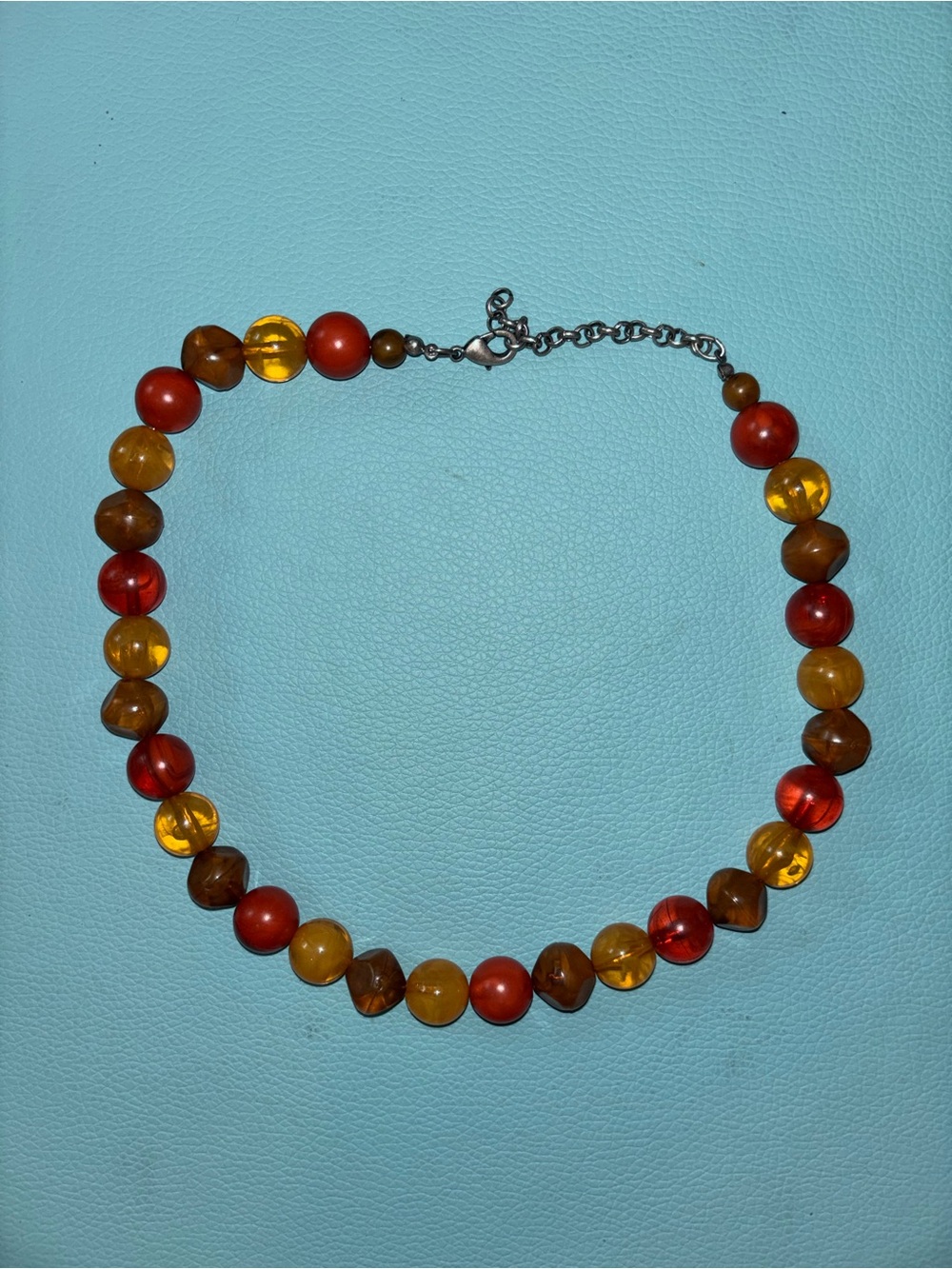 Handmade Multicolor Amber-Style Beaded Necklace - Red, Gold, Brown